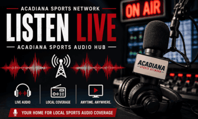 Acadiana Sports Network live sports audio broadcast setup with microphone and equipment.