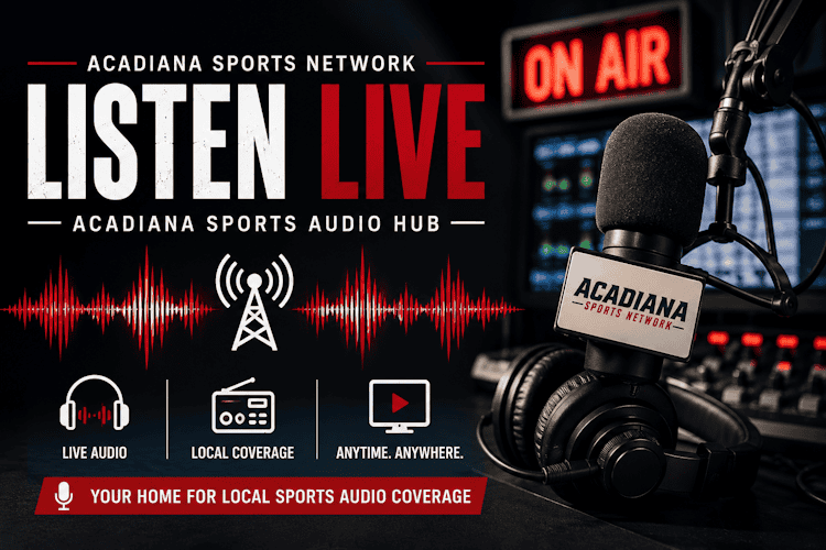 Acadiana Sports Network live sports audio broadcast setup with microphone and equipment.