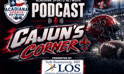 Acadiana Sports Network podcast logo for Cajun's Corner with football helmet and stadium background.