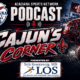 Acadiana Sports Network podcast logo for Cajun's Corner with football helmet and stadium background.