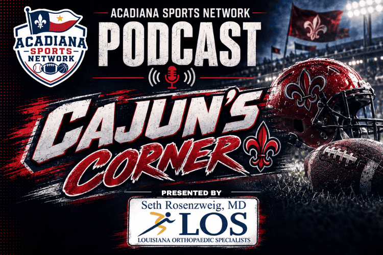 Acadiana Sports Network podcast logo for Cajun's Corner with football helmet and stadium background.