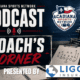 Coach's Corner podcast logo with football and play diagram on dark background.