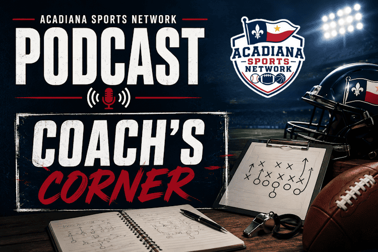 Acadiana Sports Network Coach's Corner podcast logo with football and playbook.