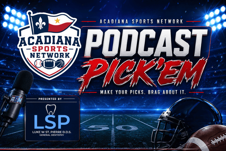 Acadiana Sports Network podcast logo with football and microphone imagery.