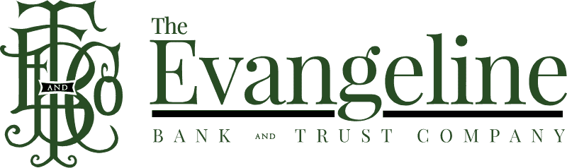 The Evangeline Bank and Trust Company logo with green text and emblem.